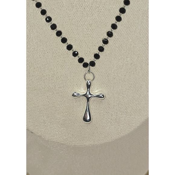 Sterling Silver Cross Necklace Adjustable Black Rosary Chain Lightweight - Picture 5 of 6